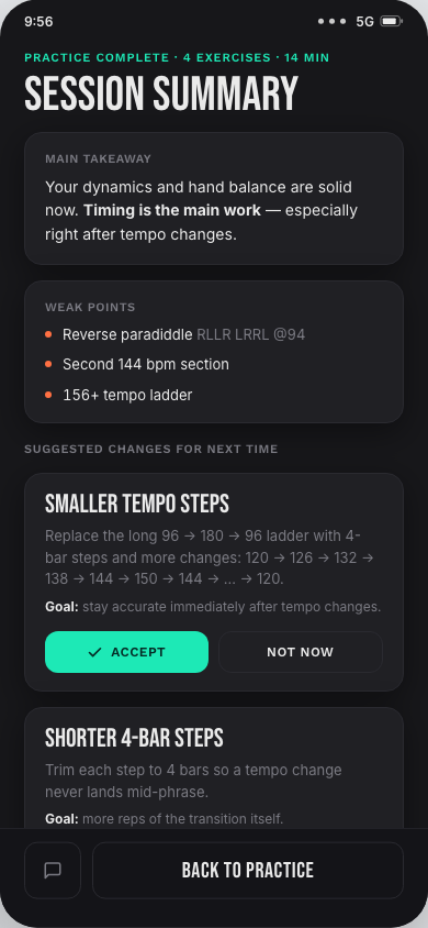 OneAndA practice summary with suggested tempo changes